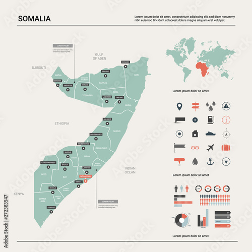 Vector map of Somalia. Country map with division, cities and capital Mogadishu. Political map, world map, infographic elements.