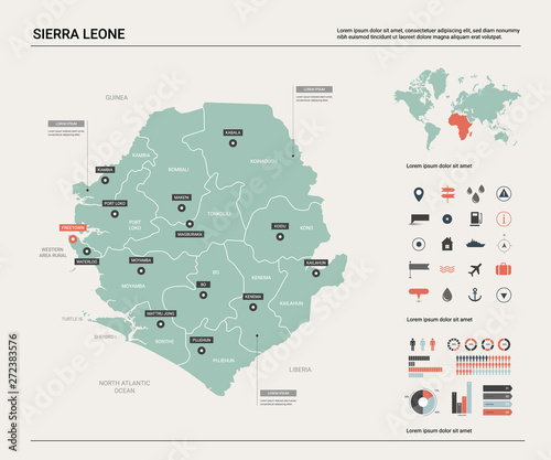 Vector map of Sierra Leone;. Country map with division, cities and capital Freetown. Political map, world map, infographic elements.