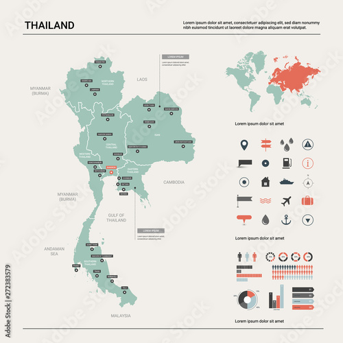 Vector map of Thailand. Country map with division  cities and capital Bangkok. Political map   world map  infographic elements.