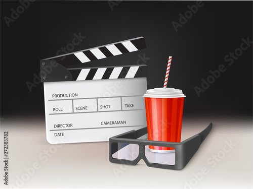 Watching movie in cinema realistic vector concept, poster design template. Cinema 3d glasses, cup with carbonated drink, plastic lid and straw, filmmaking clapperboard on white surface illustration