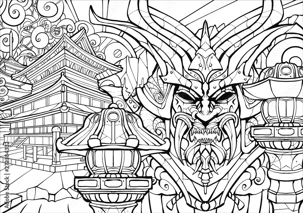 Fototapeta premium Coloring page for adults, sinister samurai mask.
