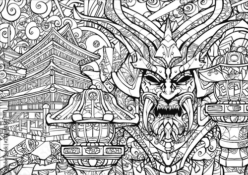 Coloring page for adults, sinister samurai mask.