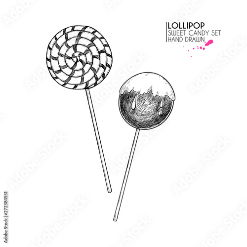Hand drawn set of sweet candies. Twisted caramel lollipops. Vector food icons. Use for restaurant, menu, party decorating, flyer, banner. Sugar Halloween dessert.