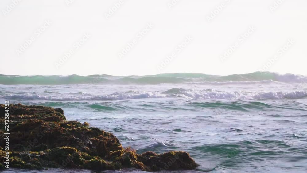 Sea waves splashing over rock on sunny afternoon. Algae on rocks. Sea waves splashing over rock on sunny afternoon. Algae on rocks.