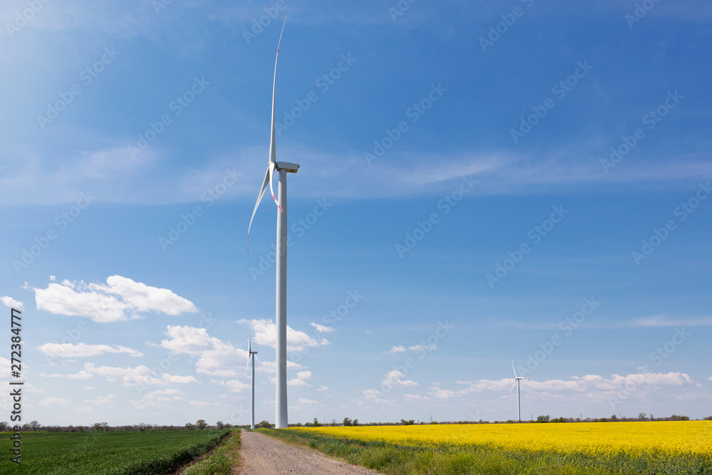 several turbine generators stand on agricultural land, a dirt road separates the yellow canola field and the green wheat field, the concept of energy several turbine generators stand on agricultural land, a dirt road separates the yellow canola field and the green wheat field, the concept of energy