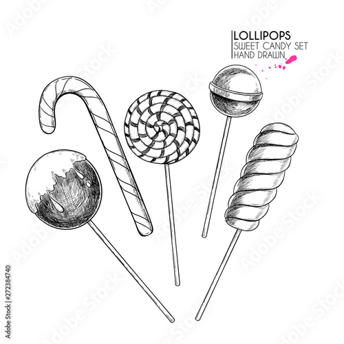 Hand drawn set of sweet candies. Twisted caramel lollipops. Vector food icons. Use for restaurant, menu, party decorating, flyer, banner. Sugar Halloween, Christmas dessert.