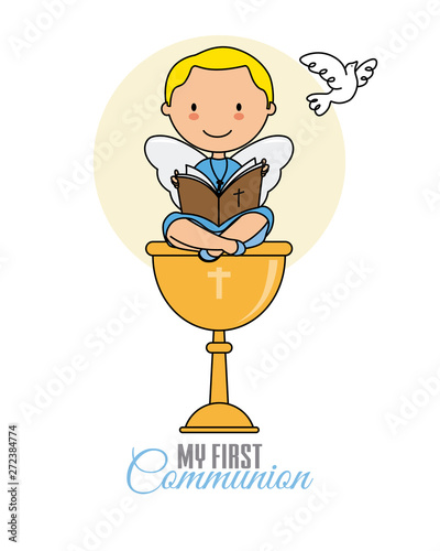 Communion card boy. Angel boy with chalice