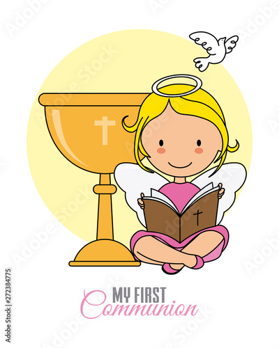 Communion card girl. Angel girl with chalice