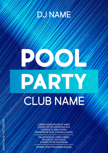 Vertical bright blue pool party background with graphic elements and text. 