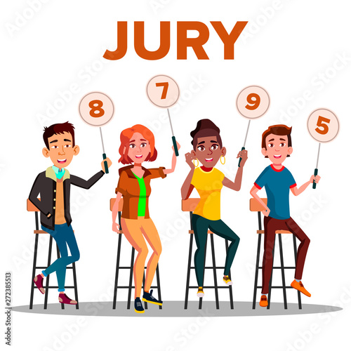 Characters Jury With Sign Boards Show Score Vector. Competition Jury Young Man And Woman Contest Judges Sitting On Chair With Scorecards. Judging People Committee Flat Cartoon Illustration