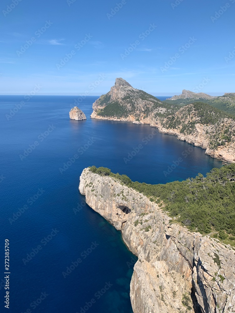 Coastline view of the wild mountains. View point. Serra de Tramuntana, Cap de Formentor, Mallorca, Spain