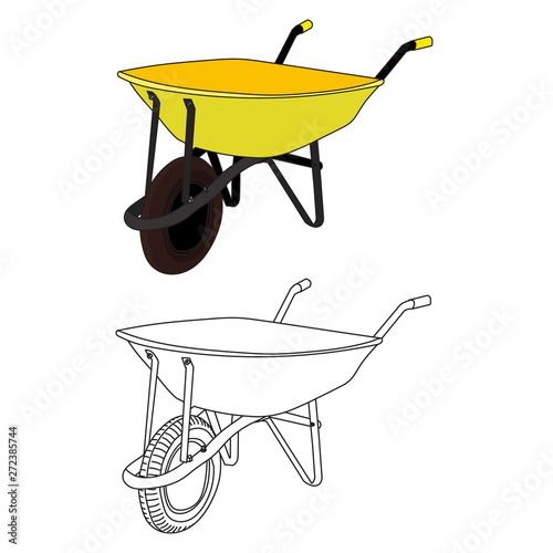  isolated, garden yellow cart in a flat style, with a sketch