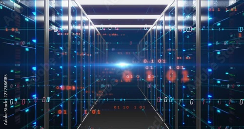 fly through futuristic Corridor of  server room with digital element .4k