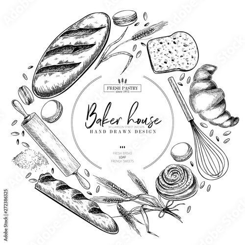 Bakery set. Hand drawn bread, loaf, croissant, pretzel, macaron, pie, baguette. Wheatl flour pastry. Vector engraved banner. For restaurant and cafe menu, baker shop, pasty, sweets. Design template.