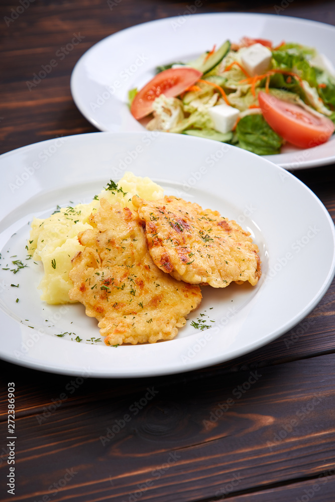 fried chicken breast with mashed potato