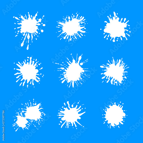 Vector Milk Flat Splashes on Blue Background, Isoalted Design Elements, White Paint Spots.