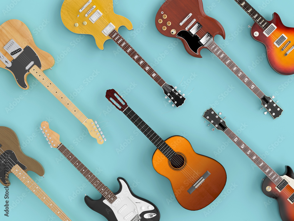 Fototapeta premium Group of differenty guitars seen from above in flat lay style.