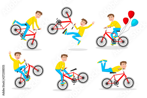 Cute little boy riding bicycle on white background vector. Biker, sport illustration