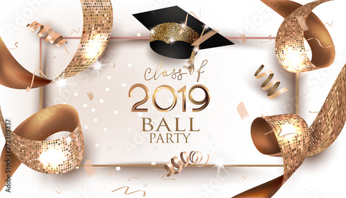 Graduation 2019 banner with golden design elements and ribbon. Vector illustration