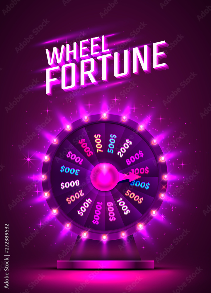 Casino neon colorful fortune wheel. purple background. Stock Vector