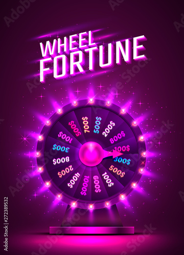 Casino neon colorful fortune wheel. purple background.