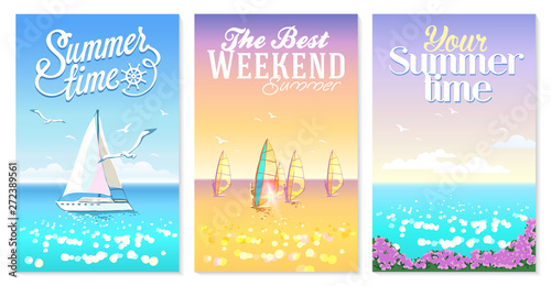 Summer set of posters. Seascapes with bay, yacht and windsurfers