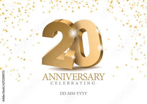 Anniversary 20. gold 3d numbers. Poster template for Celebrating 20th anniversary event party. Vector illustration