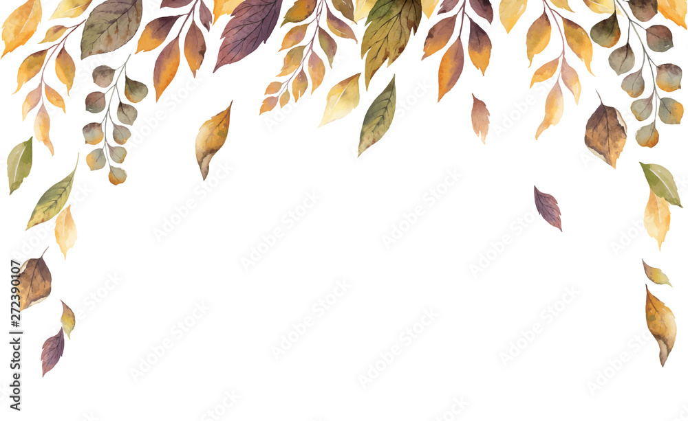 Watercolor vector autumn card with fallen leaves isolated on white background. - obrazy, fototapety, plakaty 