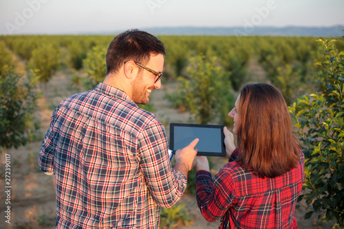Obraz na płótnie Smiling young male and female farmers or agronomists inspecting fruit orchard, looking at each other. Woman is holding a tablet. View from behind. Organic farming and healthy food production w salonie