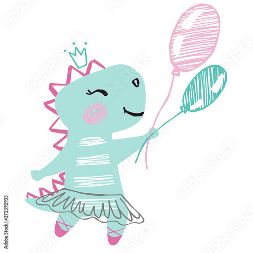 Dinosaur baby girl cute print. Sweet dino with balloon, ballet tutu, pointe shoes.