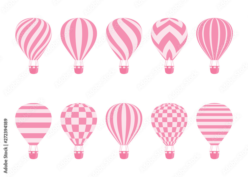 Hot air balloon isolated monochrome vector set. Collection of balloons with patterns zig zags, wavy lines, striped or checkered with basket and hot air in retro style for flight concept design