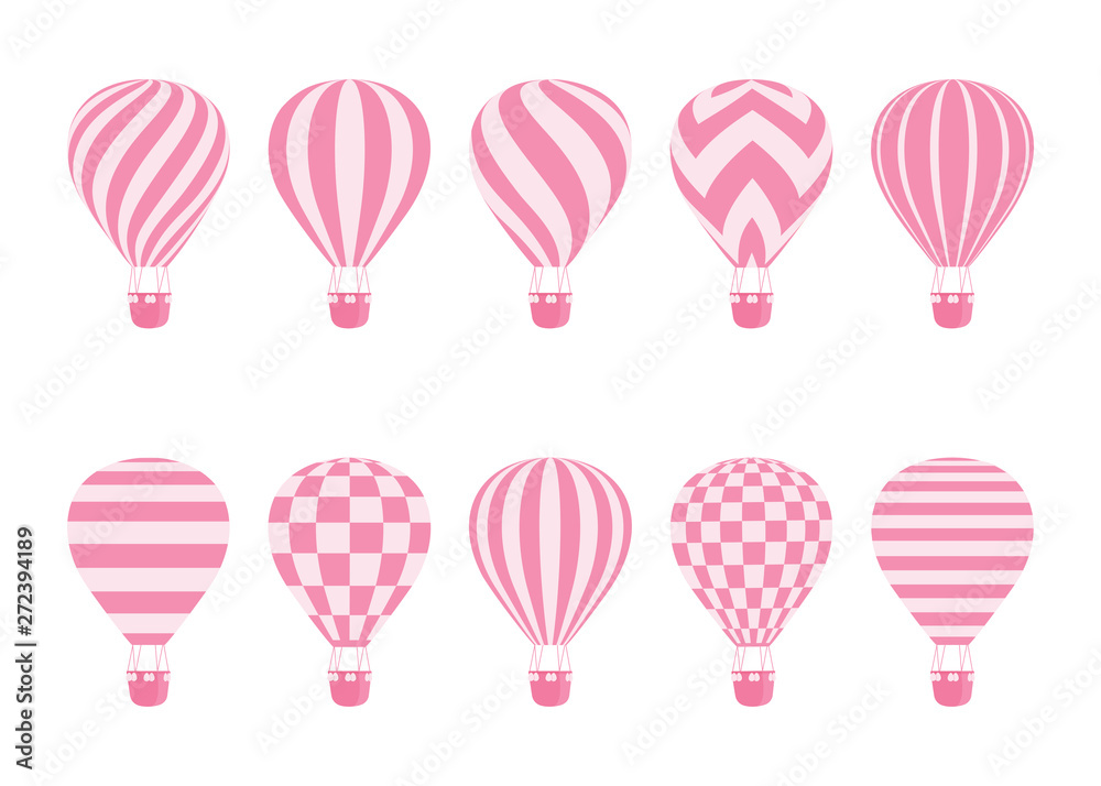 Hot air balloon isolated monochrome vector set. Collection of balloons with patterns zig zags, wavy lines, striped or checkered with basket and hot air in retro style for flight concept design Hot air balloon isolated monochrome vector set. Collection of balloons with patterns zig zags, wavy lines, striped or checkered with basket and hot air in retro style for flight concept design