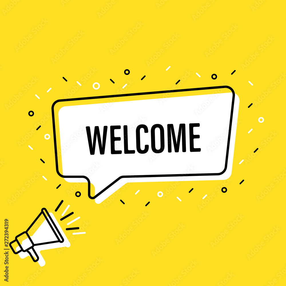 Male hand holding megaphone with welcome speech bubble. Loudspeaker. Banner for business, marketing and advertising. Vector illustration. Male hand holding megaphone with welcome speech bubble. Loudspeaker. Banner for business, marketing and advertising. Vector illustration.