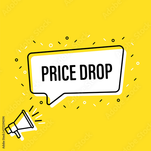 Male hand holding megaphone with price drop speech bubble. Loudspeaker. Banner for business, marketing and advertising. Vector illustration.