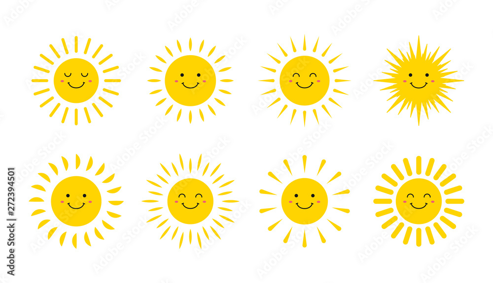 Set of cute smiling suns. Smile Sun. Emoji. Summer sun. Vector illustration.
