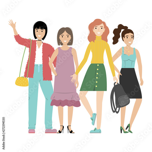 Group of smiling girls or students standing together. Happy friends isolated on white background.