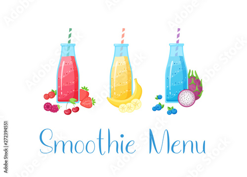 Vegeterian smoothie shake cocktail collection vector illustration. Set of glass bottle with layers of vitamin juice cocktail with fresh fruits for smoothies bar design isolated on white background