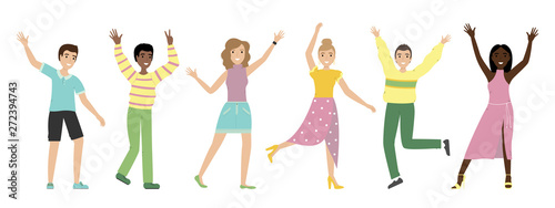 Group of happy people with waving hands isolated on white background. Happy positive men and women jump about happiness. Successful teamwork.