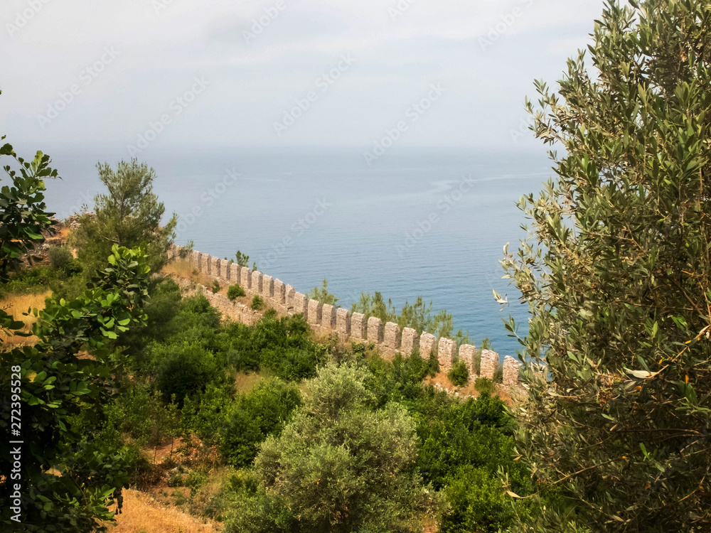 Alanya Castle fortress wall ,trees and Mediterranean Sea. Alanya, Antalya, Turkey