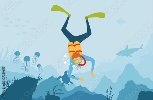 Vector cartoon style underwater background with sea flora and fauna. Coral reef, sea plants and fishes silhouettes. Scuba Diver explores the bottom of the sea. Diving club banner.