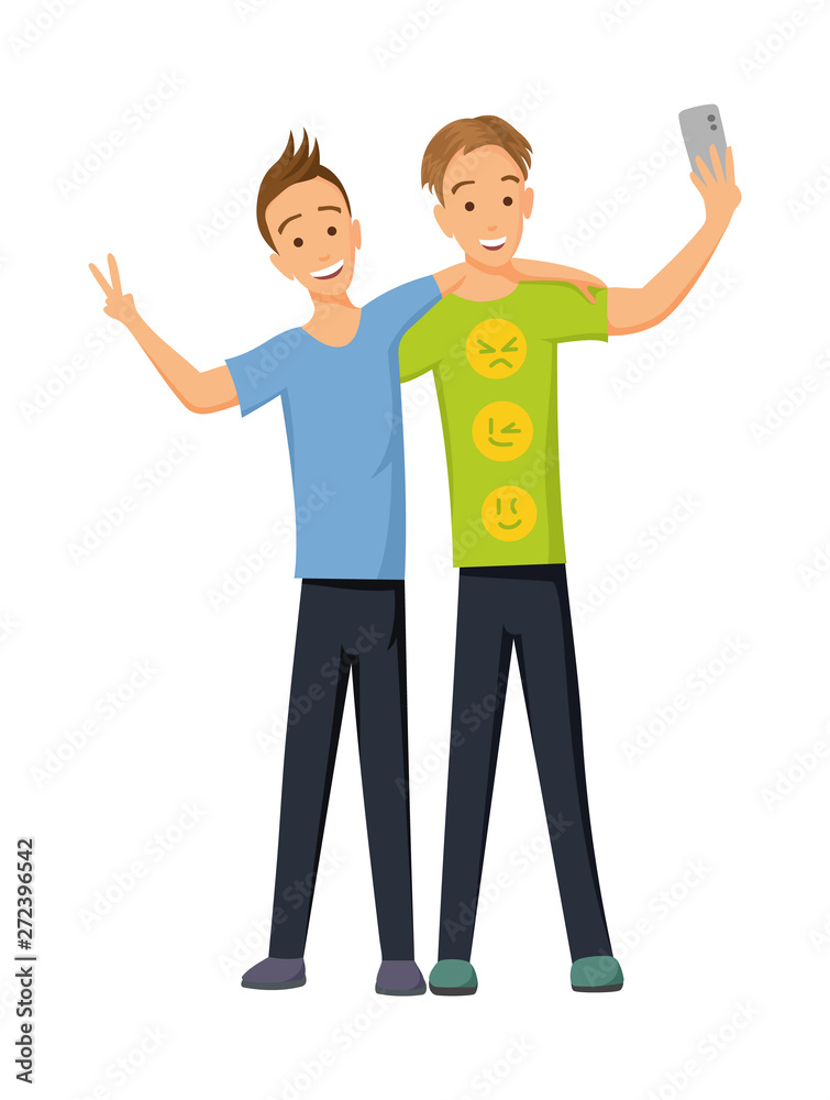 Friends make a group selfie. Photo on the camera of the smartphone. Joyful friends wave their hands. Isolated vector illustration. Friends make a group selfie. Photo on the camera of the smartphone. Joyful friends wave their hands. Isolated vector illustration.