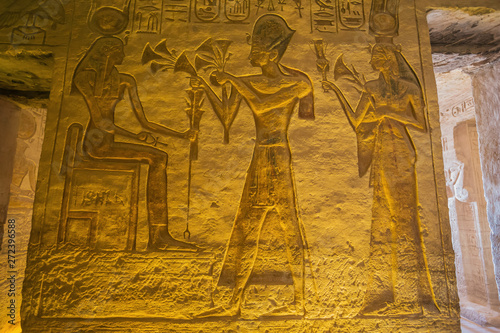 Bas relief with Ramesses II and Hathor, depicted in the Small Temple of Abu Simbel