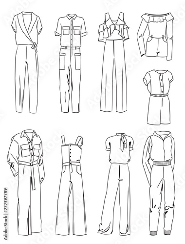 Set of contours of fashionable women's overalls, different styles, isolated on a white background.