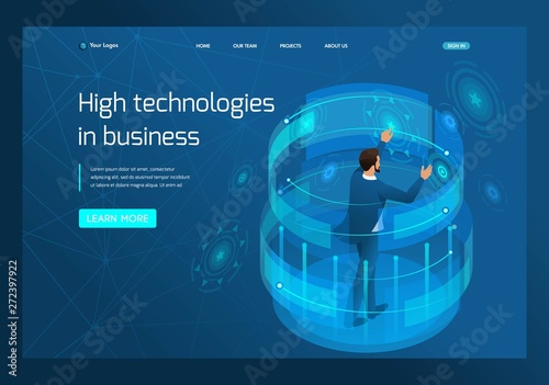Isometric high technology in business, a businessman working on a virtual screen. Template landing page