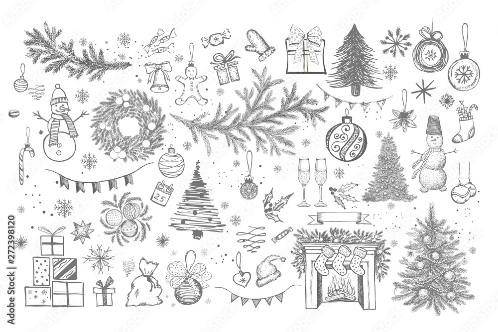 Set of Christmas design element in doodle style. Hand drawn. 