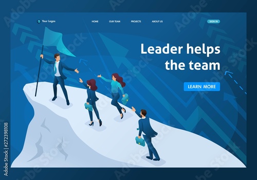 Isometric business concept, a successful leader leads his team to success. Template landing page