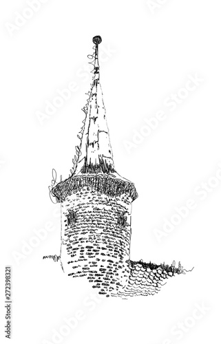 Vector sketch of European building, old tower, hand drawn illustration in black and white colors
