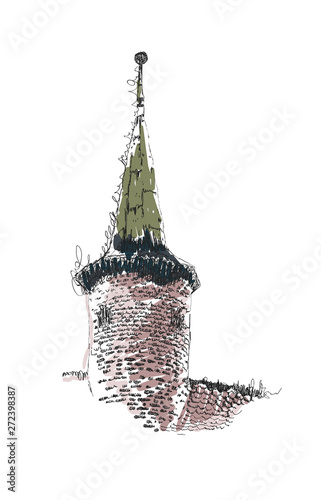 Vector sketch of European building, old tower, hand drawn illustration on white background