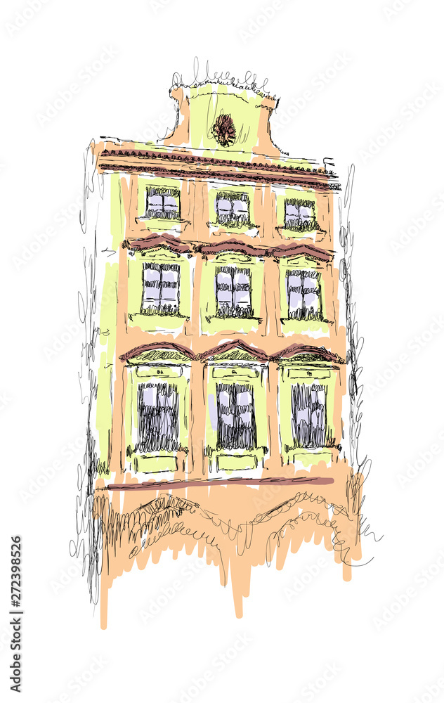 Naklejka premium Vector sketch of European building hand drawn illustration on white background