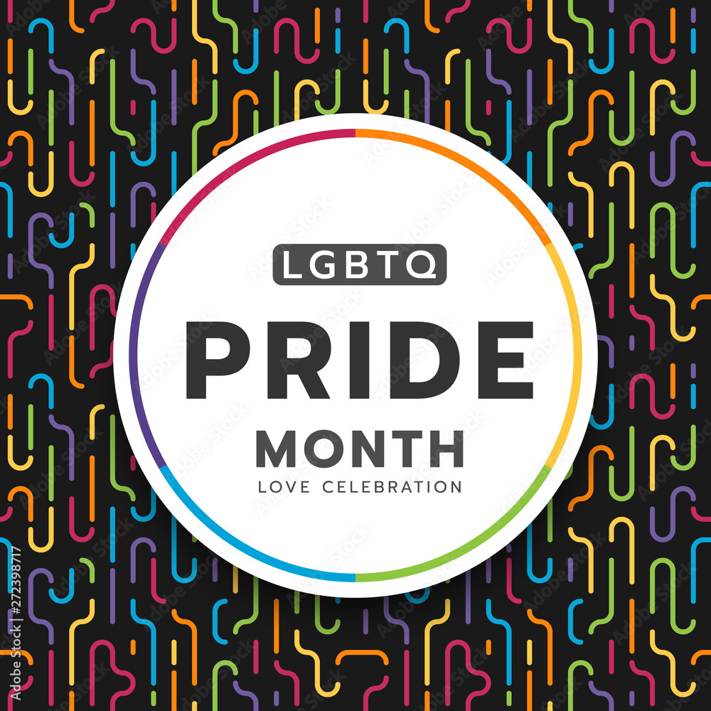 LGBTQ pride month circle banner on colorful rainbow conner curve line dash pattern texture and black background vector design